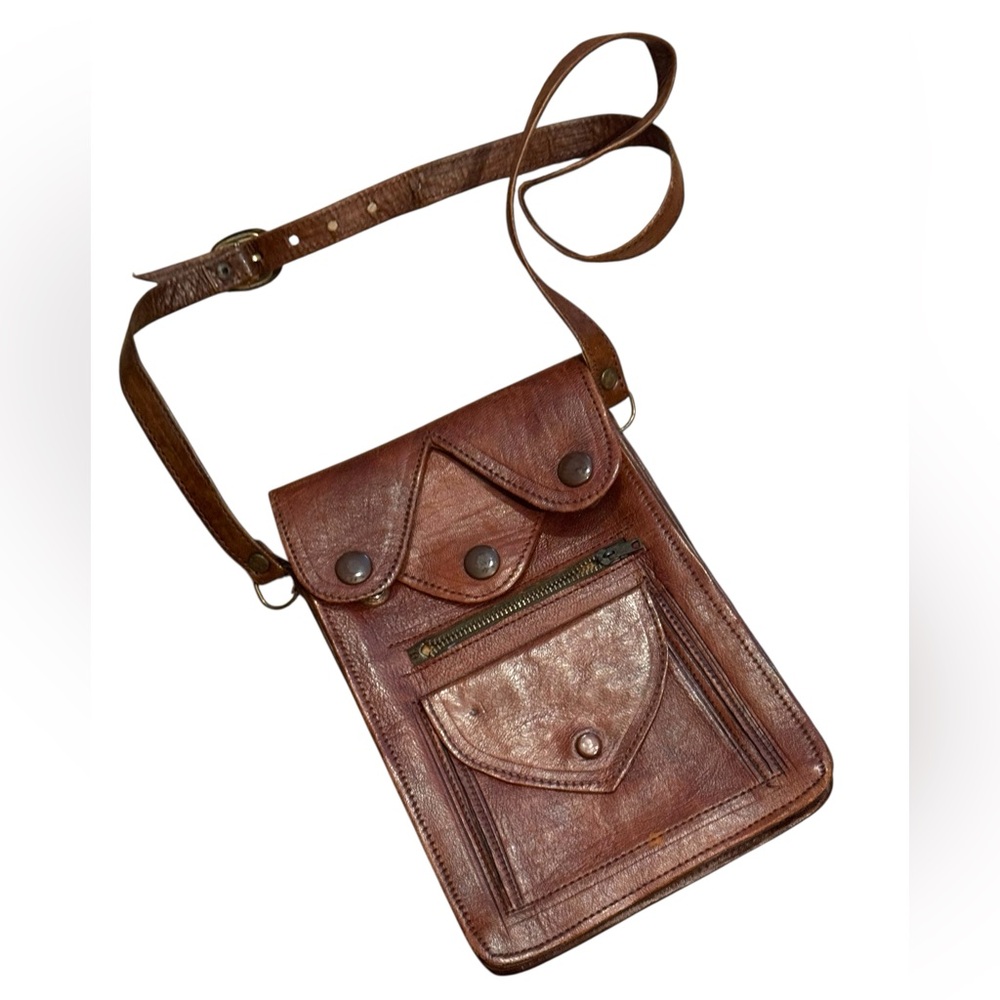 Vintage 1940s Hand Made Brown Leather Crossbody Bag Wallet Multi Pocket